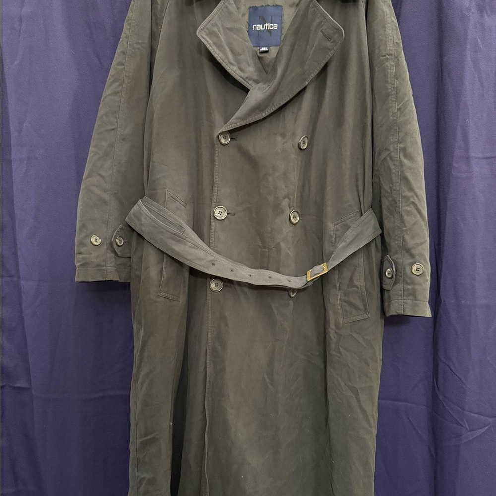 Vtg Nautica Black Trench Coat Mens 40S Belted Unisex Long Classic Executive Y2K